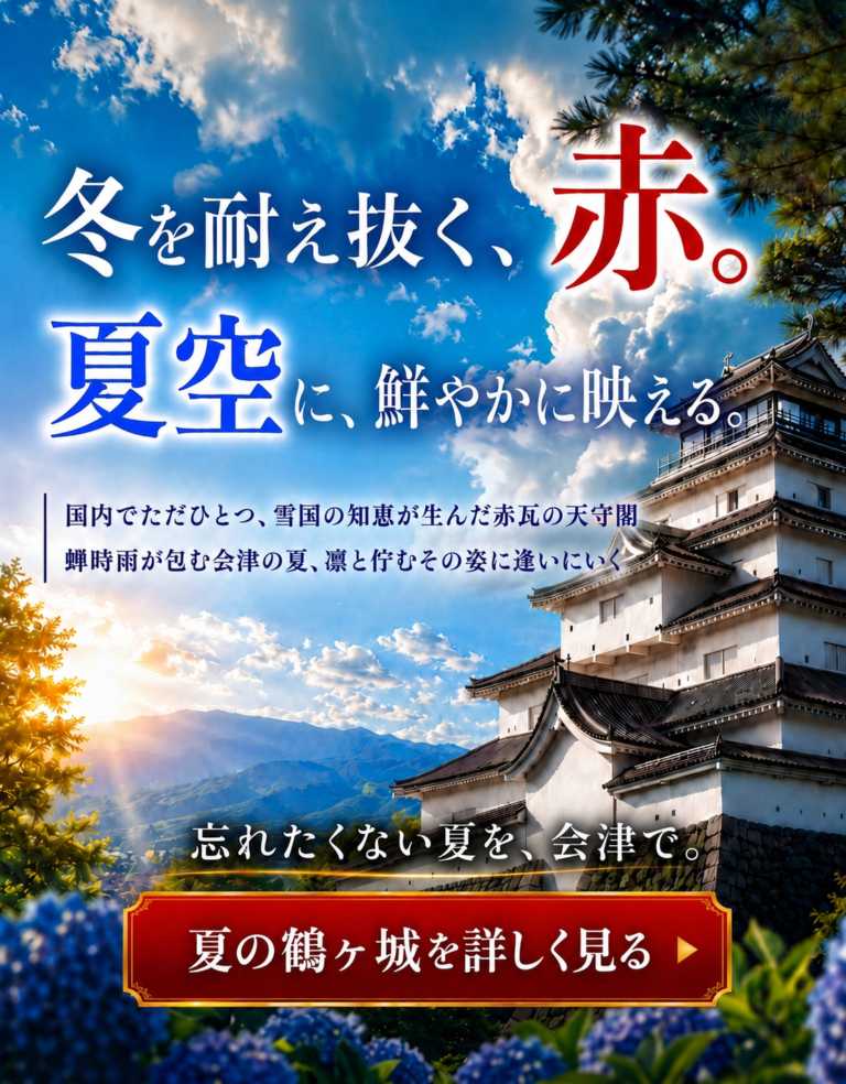 青空と鶴ヶ城を中心に構成した夏の観光広告クリエイティブ