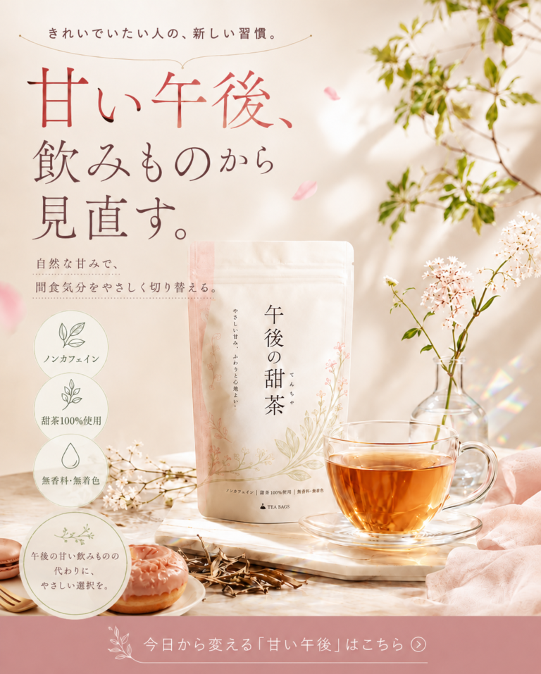 甜茶の商品パッケージとティーカップを柔らかな光で描いた広告クリエイティブ